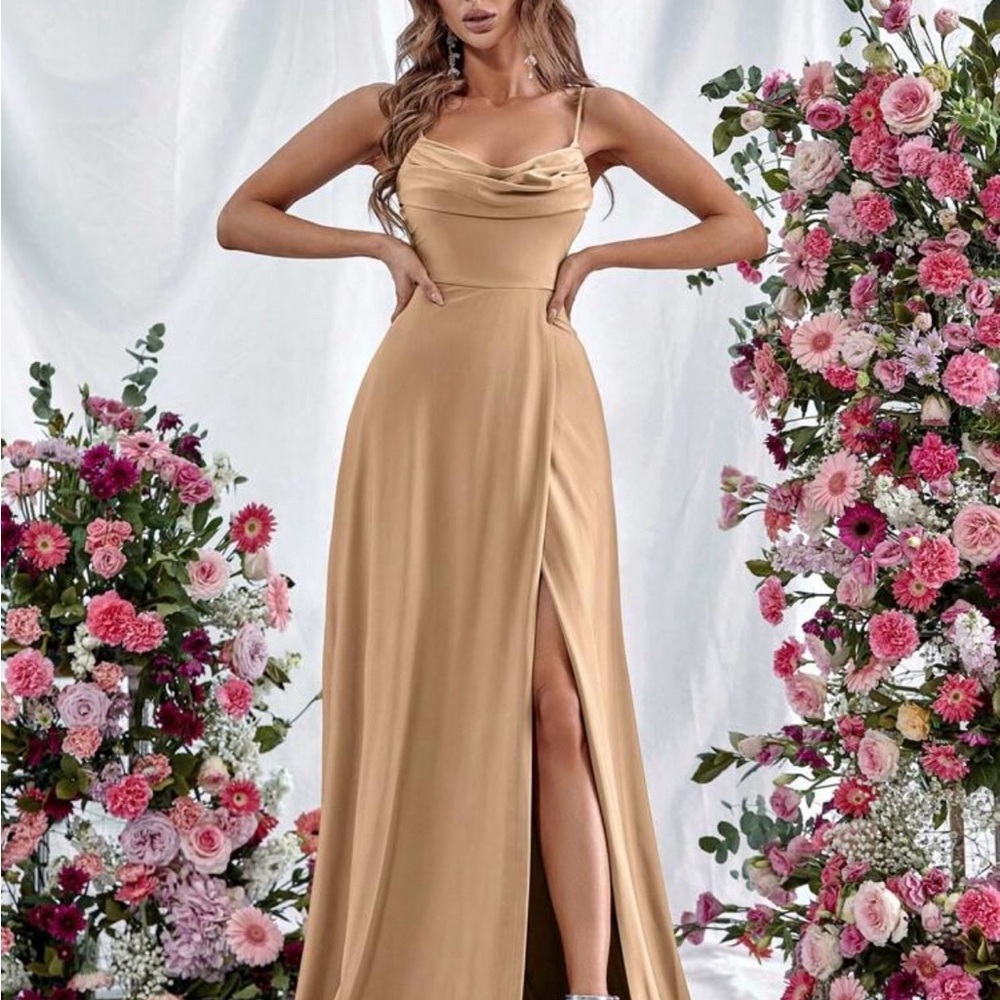 SHEIN Champagne Satin Cowl Neck Slit Maxi Dress